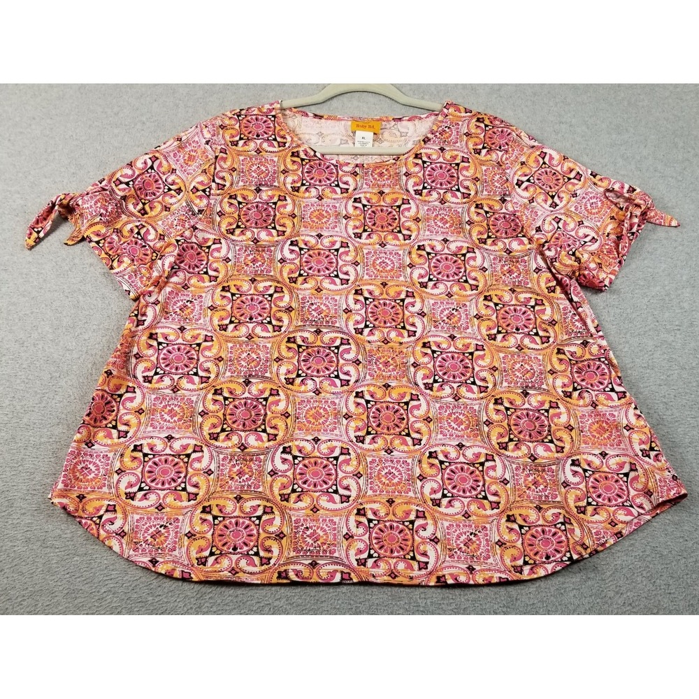 Ruby Rd Top Women's XL Pink Orange Medallion Print Tie Sleeve Scoop Neck Blouse